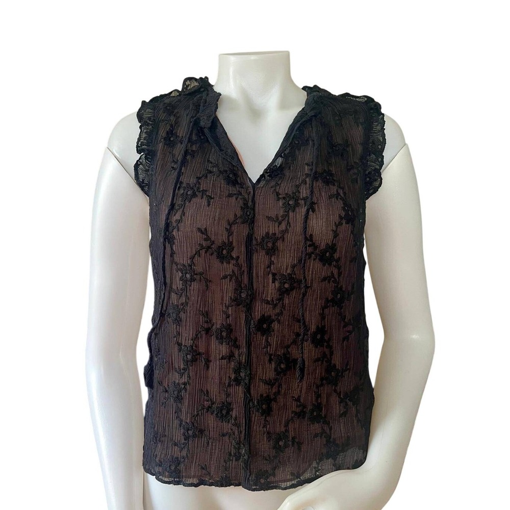Rebecca Taylor Black Floral Lace‎ Sheer Silk Blend Top Small Whimsigoth Romantic
